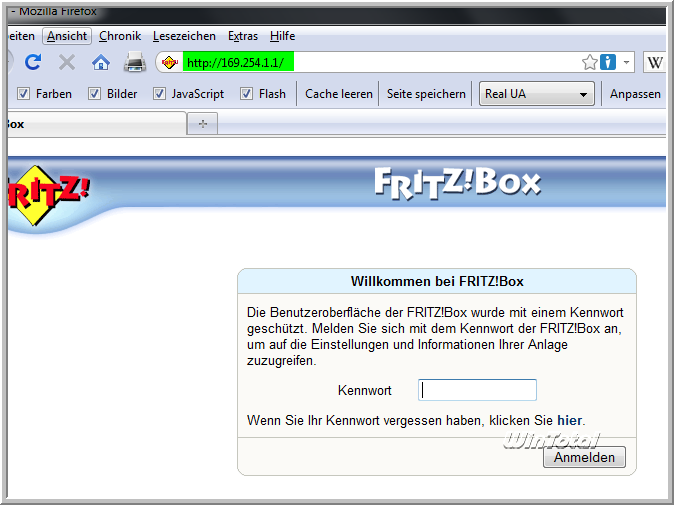 FRITZ!Box-Anmeldeseite mit Link Kennwort vergessen