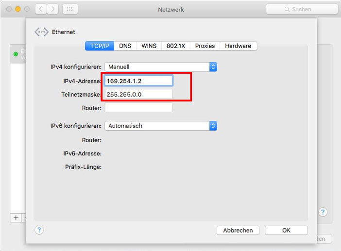 Manuelle IPv4-Konfiguration mit 169.254.1.2